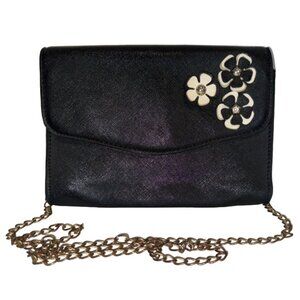 Vintage Purse Small Black Leather Flower Applique Party Cocktail Shoulder Chain